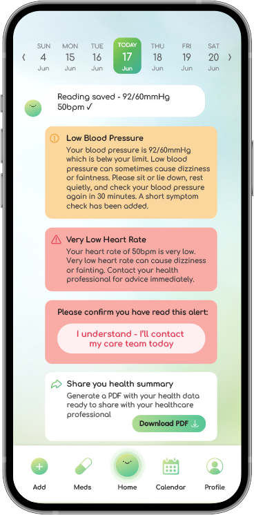 Digital health companion app alert screen
